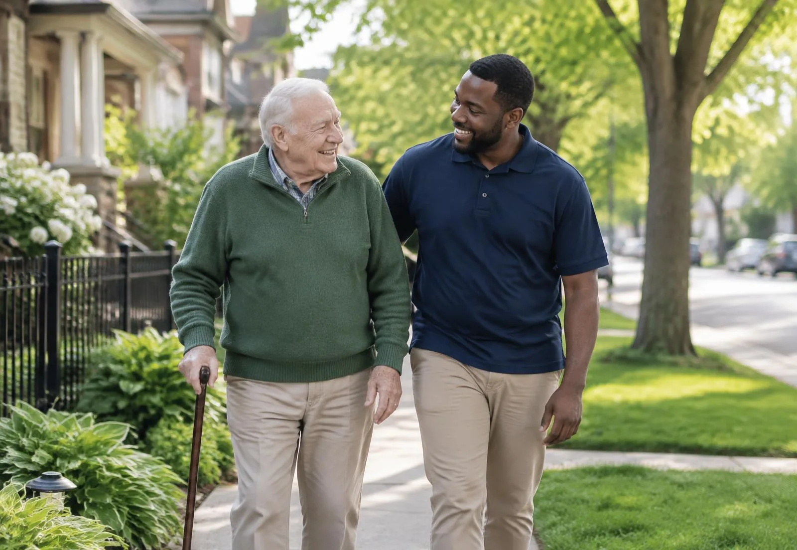 A caregiver supporting an older adult on a neighborhood walk