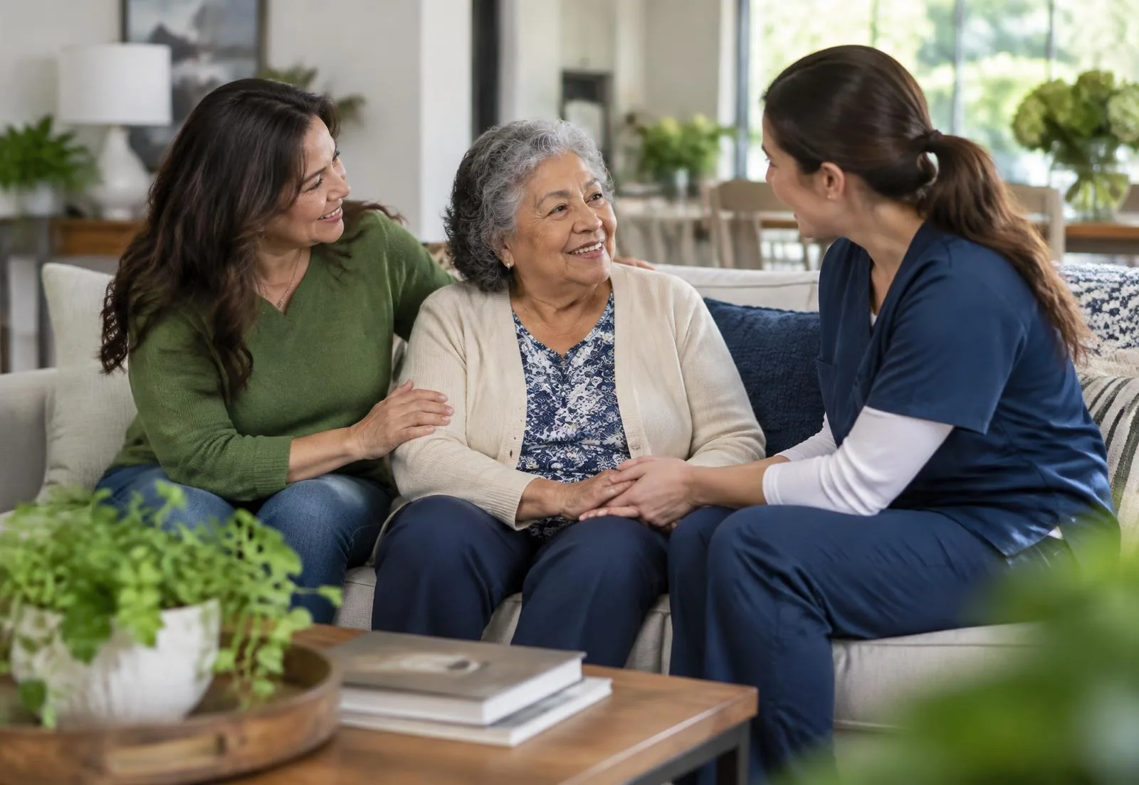 A family discussing home care with a caregiver